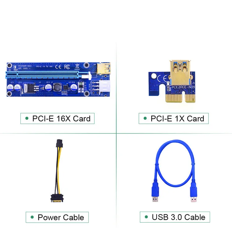 PCI-E 1X to 16X extension cord adapter with 60cm cable, gold-plated USB 3.0 interface, and blue LED indicator