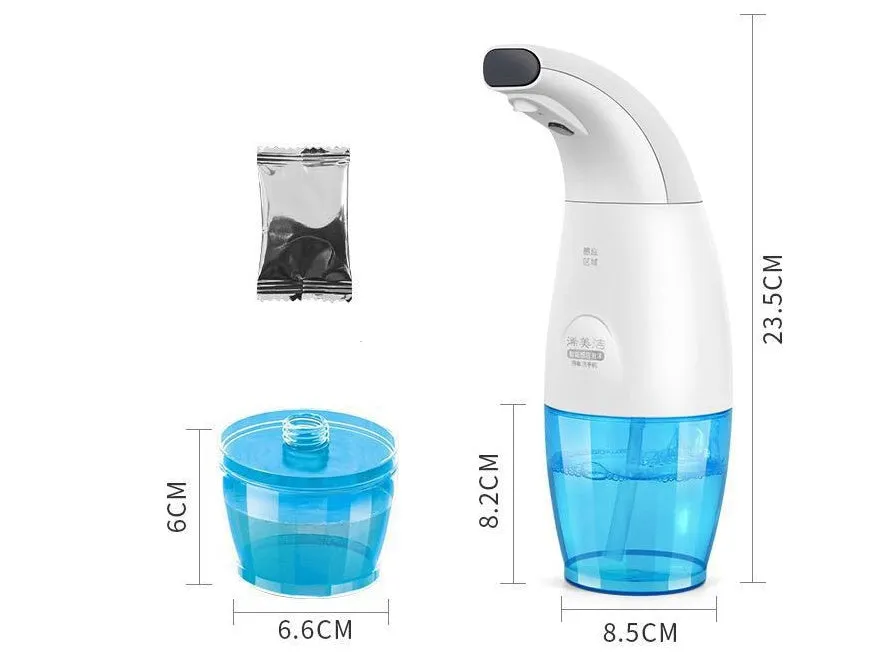 White intelligent induction foam machine on countertop with hand under nozzle dispensing foam
