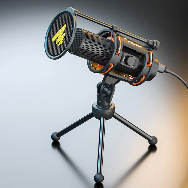 Black metal USB condenser recording microphone with 14mm diaphragm on desk with cable