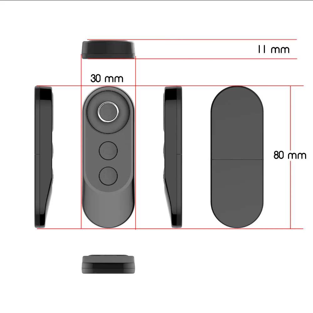 Black ABS Bluetooth remote shutter control for mobile phone camera – 1.5x4.2x9.0cm size – front view