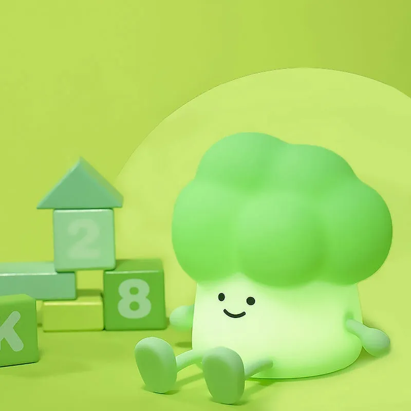 Cartoon eggplant and broccoli character night lamps with soft yellow ambience lighting