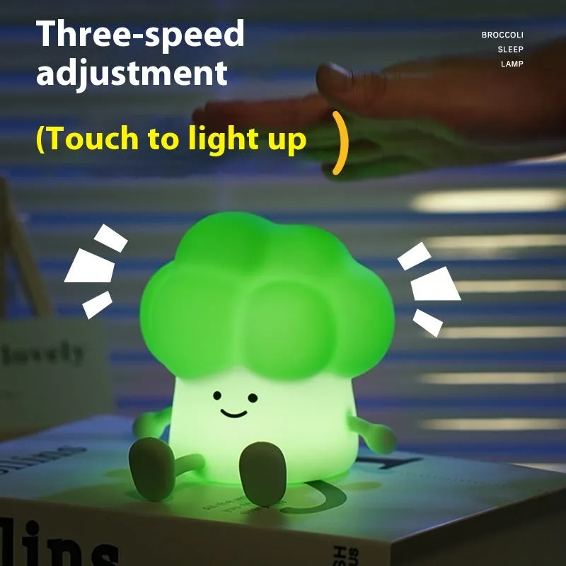 Cartoon eggplant and broccoli character night lamps with soft yellow ambience lighting