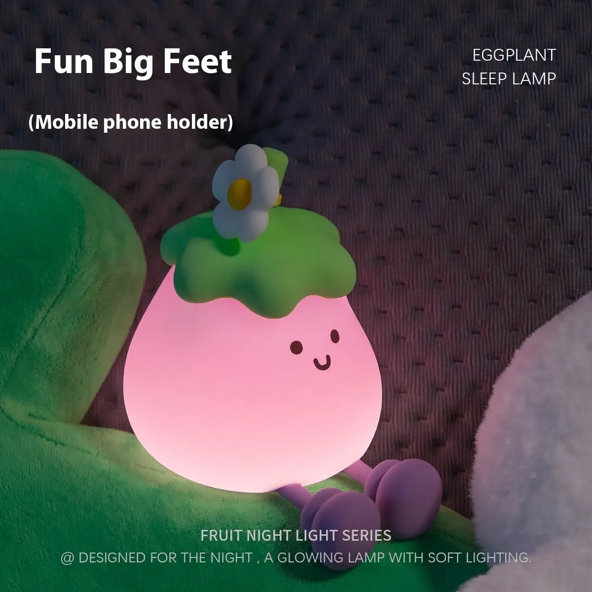 Cartoon eggplant and broccoli character night lamps with soft yellow ambience lighting