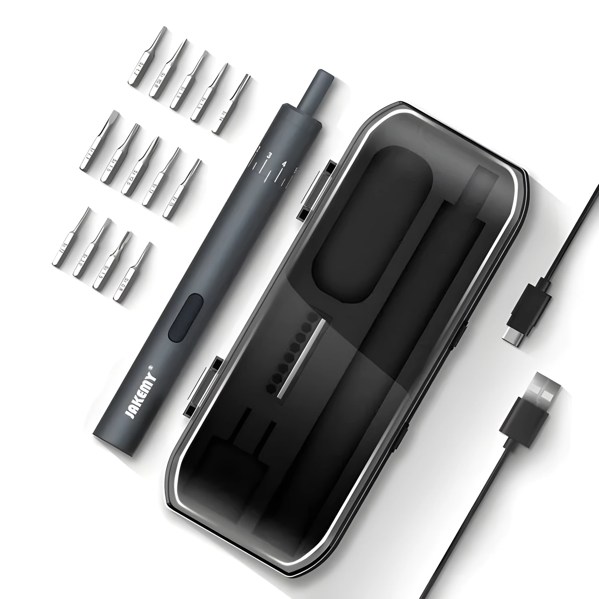 Black mini electric screwdriver with aluminium casing and micro USB charging port