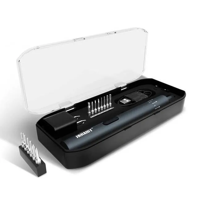 Black mini electric screwdriver with aluminium casing and micro USB charging port