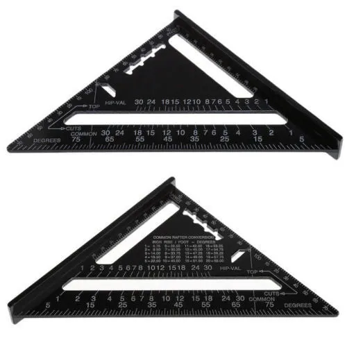 Black aluminium alloy triangle square ruler showing 90-degree and 45-degree angles with metric graduations