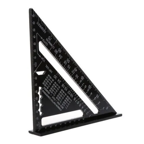 Black aluminium alloy triangle square ruler showing 90-degree and 45-degree angles with metric graduations