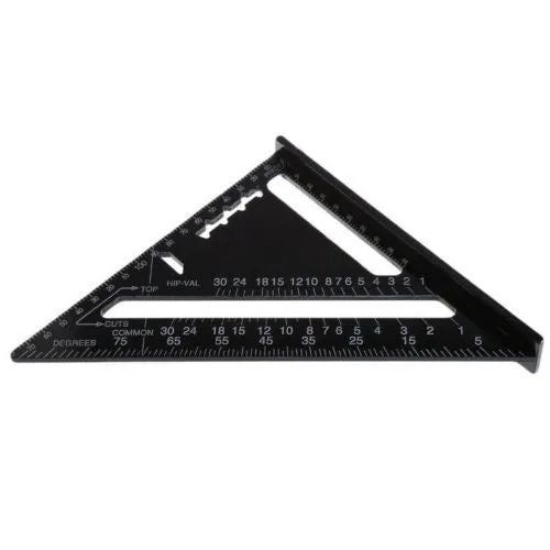 Black aluminium alloy triangle square ruler showing 90-degree and 45-degree angles with metric graduations