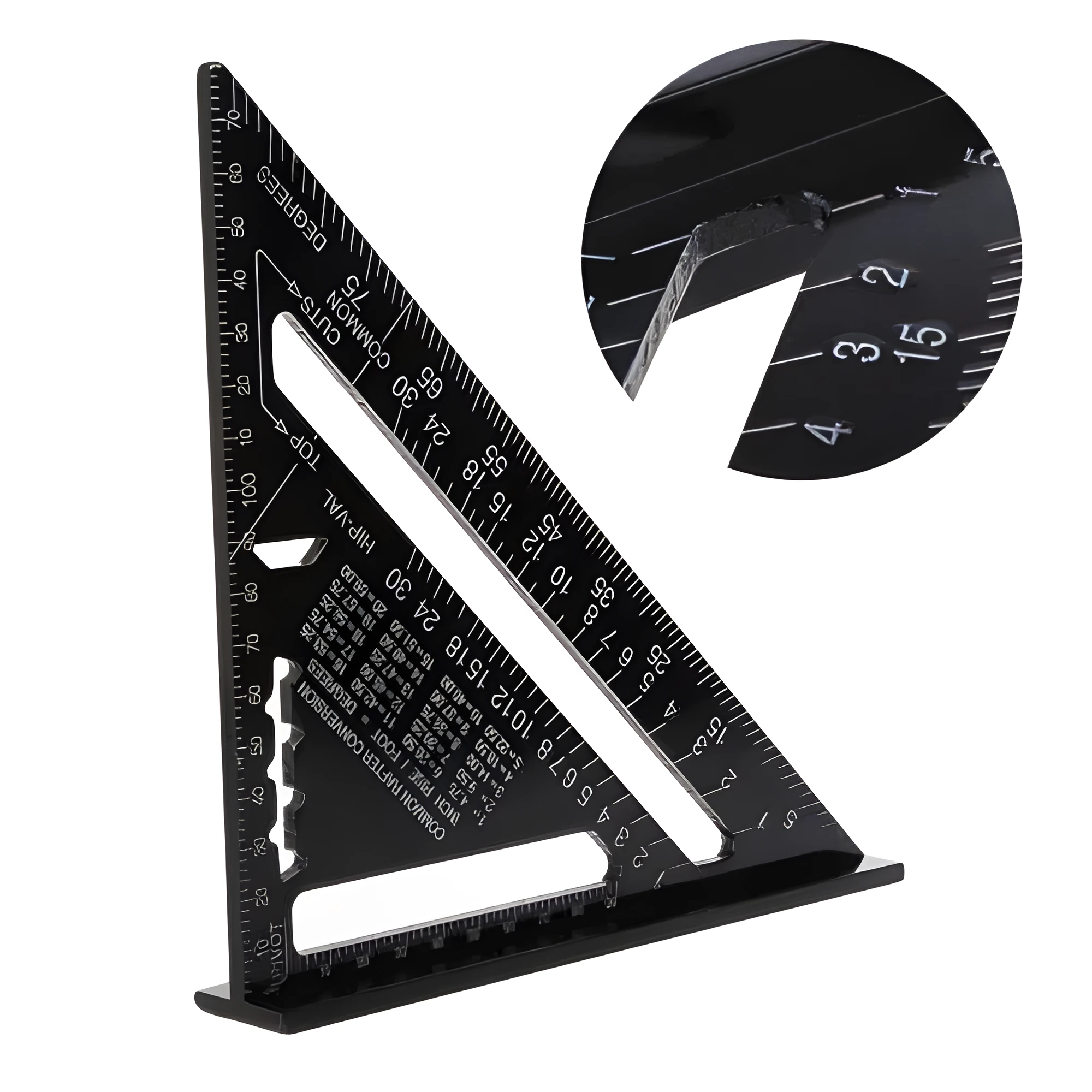 Black aluminium alloy triangle square ruler showing 90-degree and 45-degree angles with metric graduations