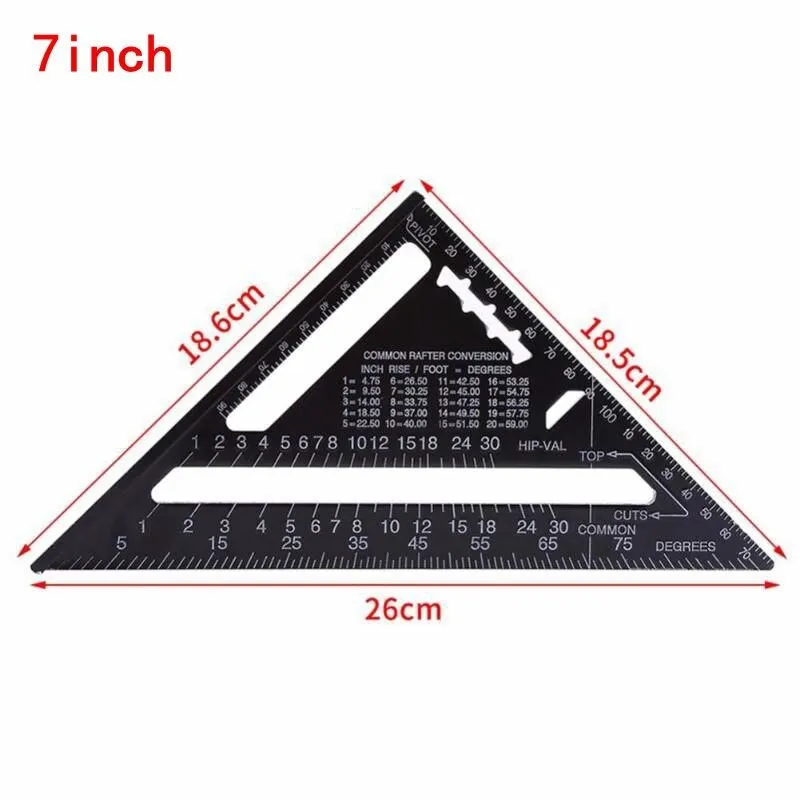 Black aluminium alloy triangle square ruler showing 90-degree and 45-degree angles with metric graduations