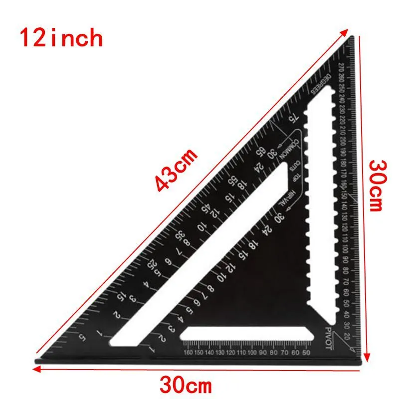 Black aluminium alloy triangle square ruler showing 90-degree and 45-degree angles with metric graduations