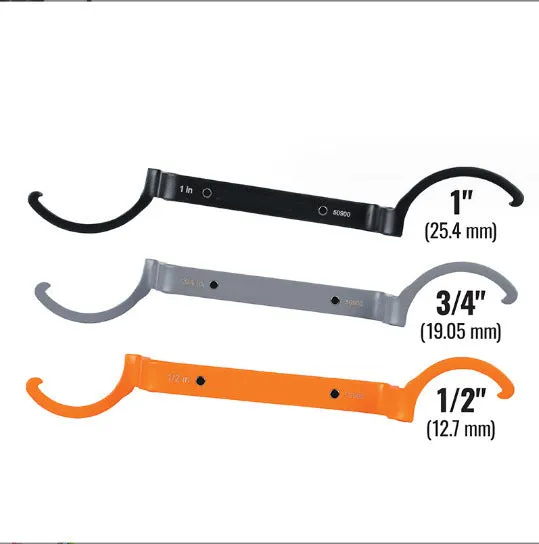 Crescent magnetic suction and catheter locking wrench three-piece set in orange, grey, and black colours