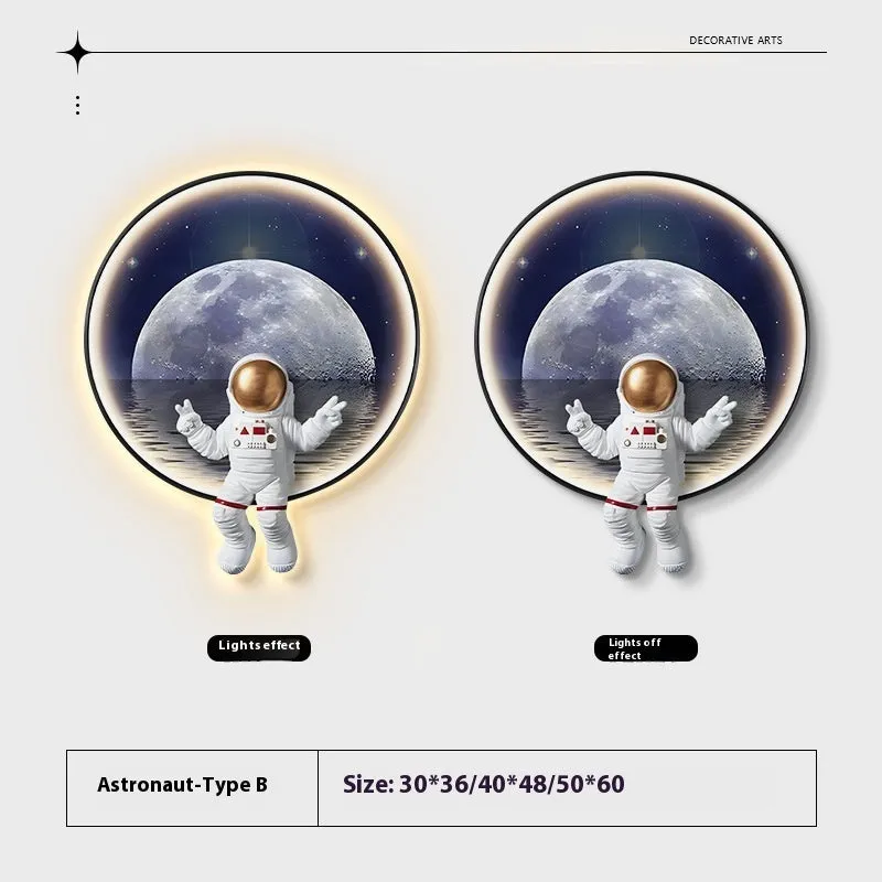 Spaceman astronaut themed children's wall painting with optional USB LED lights on canvas with MDF backing