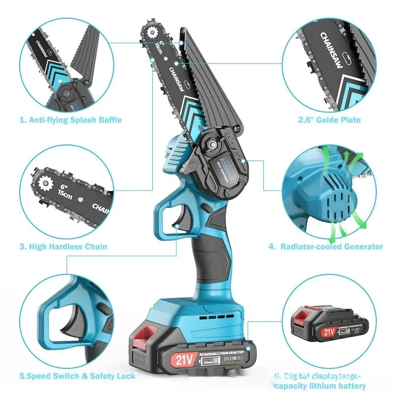 Handheld wireless mini chainsaw with 6-inch chain, two batteries, safety goggles, gloves, and storage case.