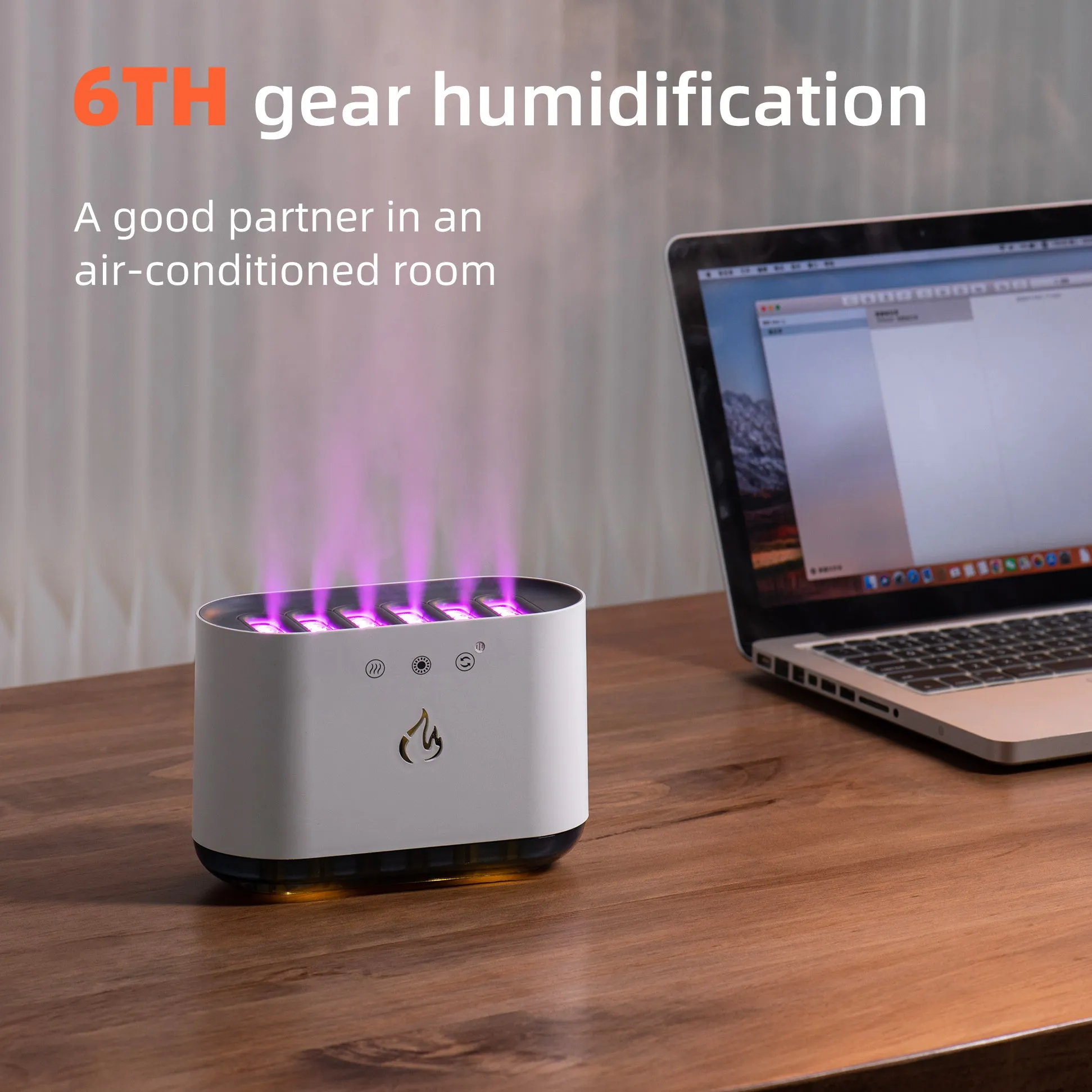 White cylindrical humidifier with colourful LED base and mist rising from the top.