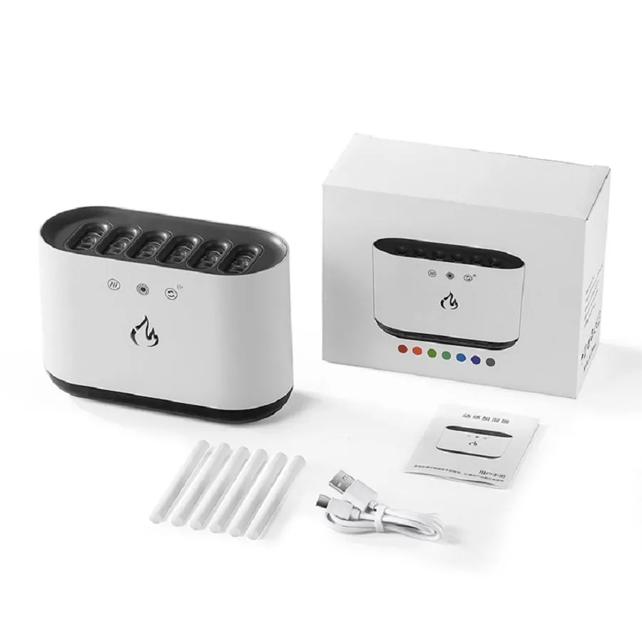 White cylindrical humidifier with colourful LED base and mist rising from the top.