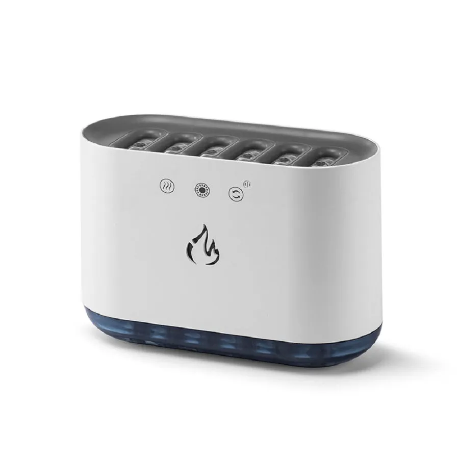 White cylindrical humidifier with colourful LED base and mist rising from the top.