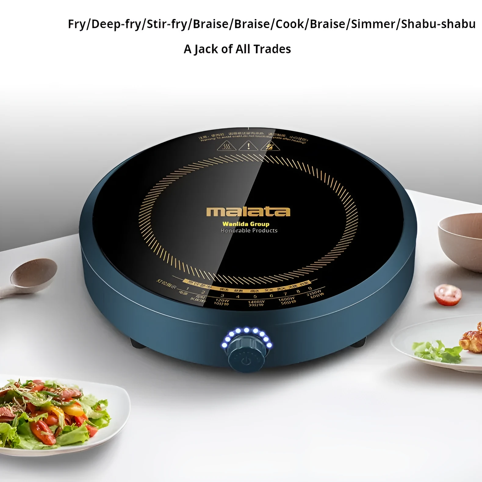 Induction cooker with circular cooking surface and knob control