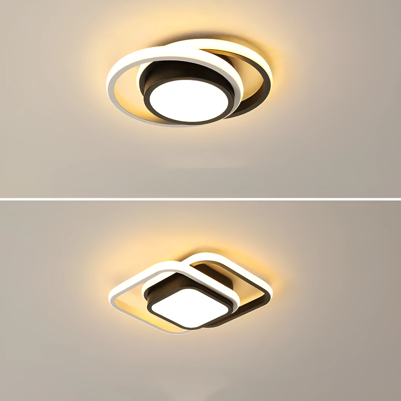 Modern round aluminium ceiling light with integrated LEDs, shown illuminating an entrance hall.