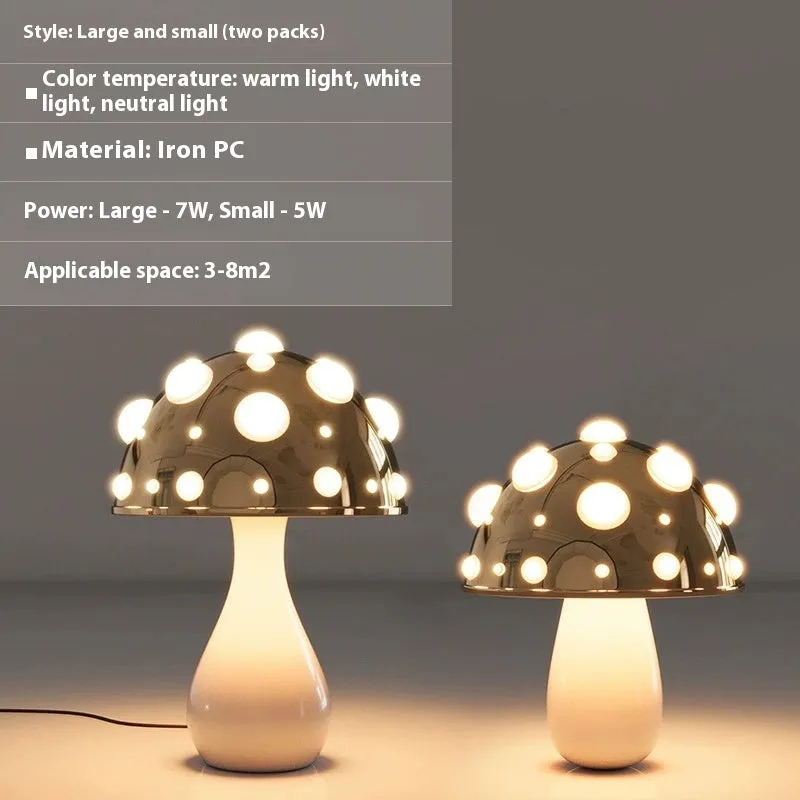 Modern mushroom-shaped table lamp with a touch dimming base on a wooden surface.