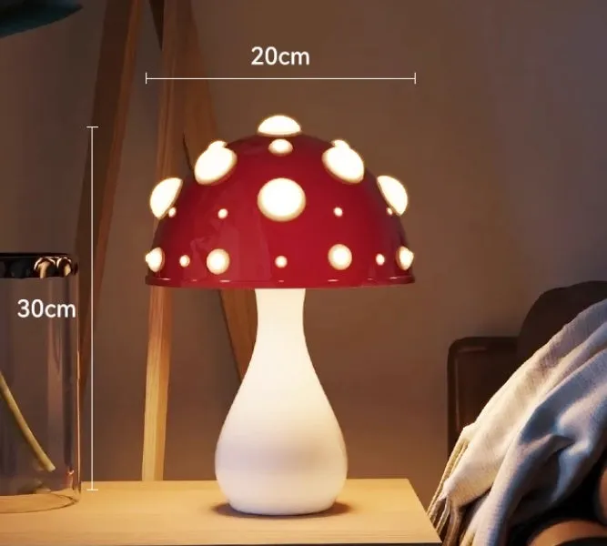 Modern mushroom-shaped table lamp with a touch dimming base on a wooden surface.