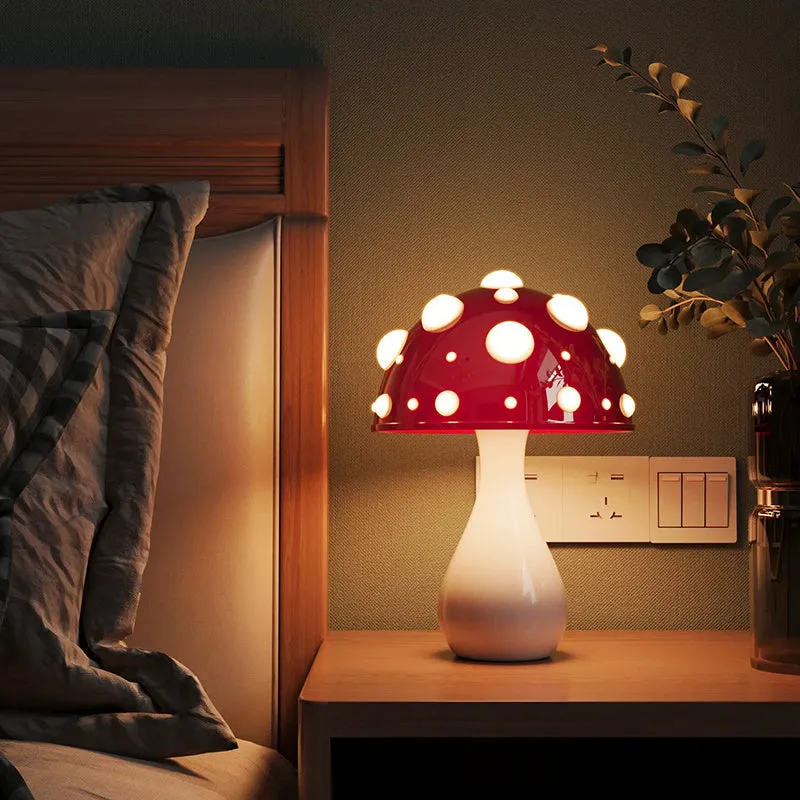 Modern mushroom-shaped table lamp with a touch dimming base on a wooden surface.