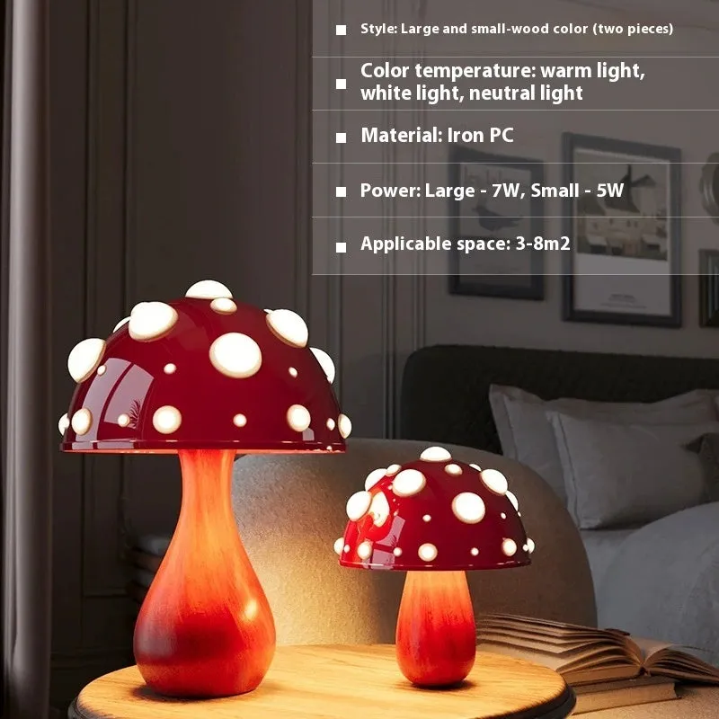 Modern mushroom-shaped table lamp with a touch dimming base on a wooden surface.