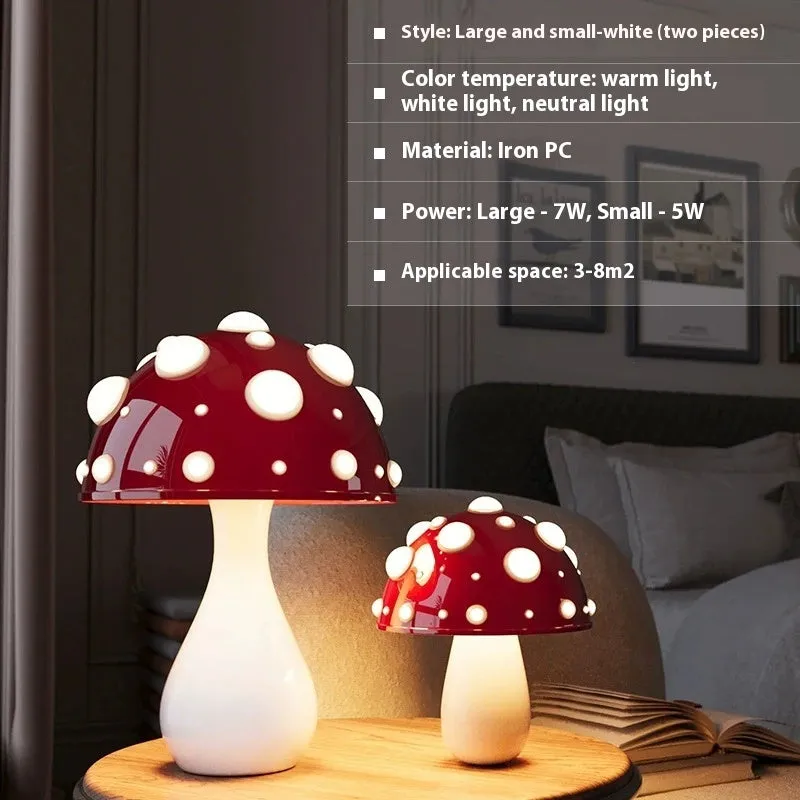 Modern mushroom-shaped table lamp with a touch dimming base on a wooden surface.