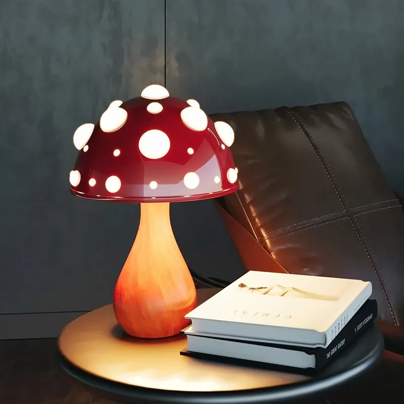 Modern mushroom-shaped table lamp with a touch dimming base on a wooden surface.