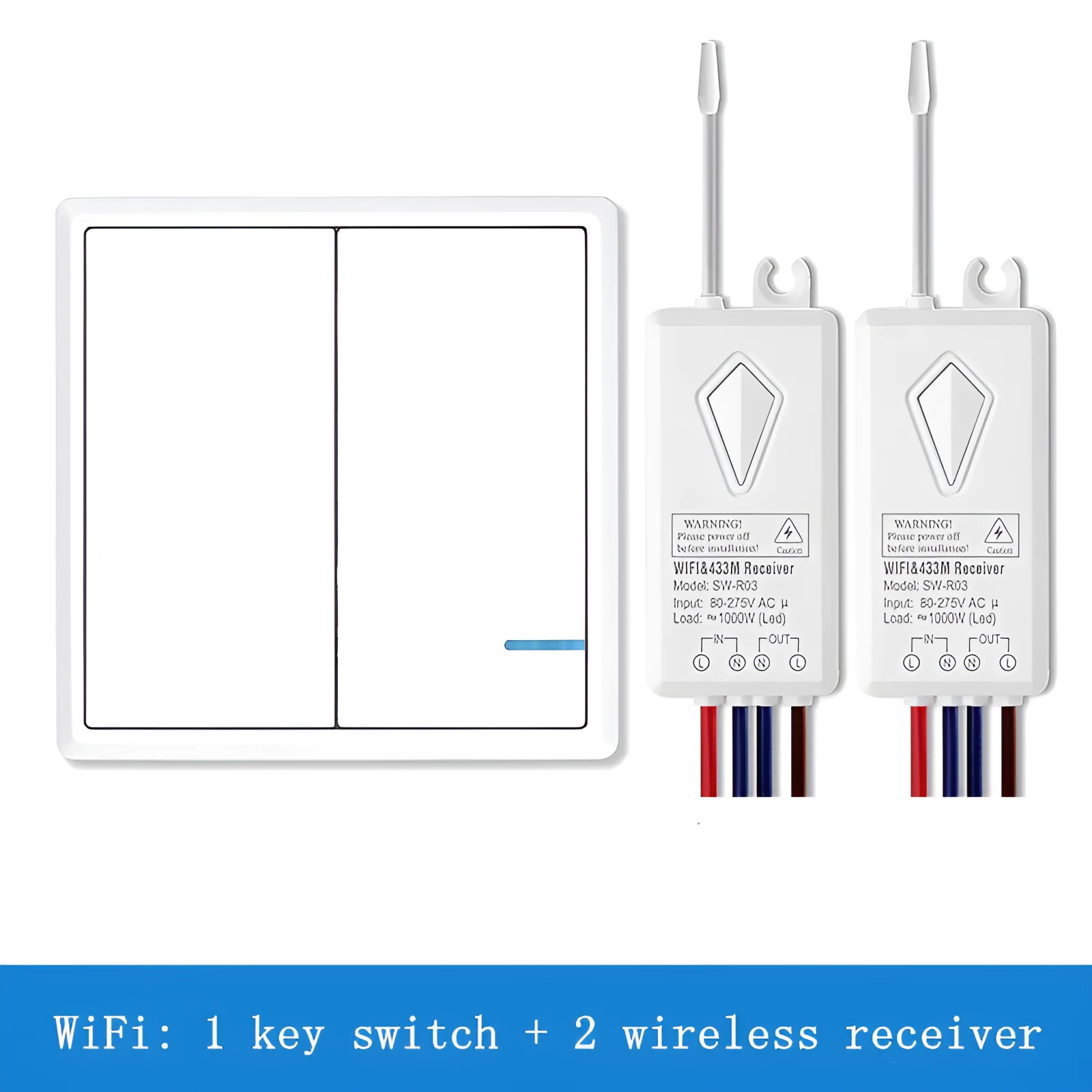 White wireless remote control switch panel with standard UK 86x86mm size and waterproof IP66 rating for bathroom installation
