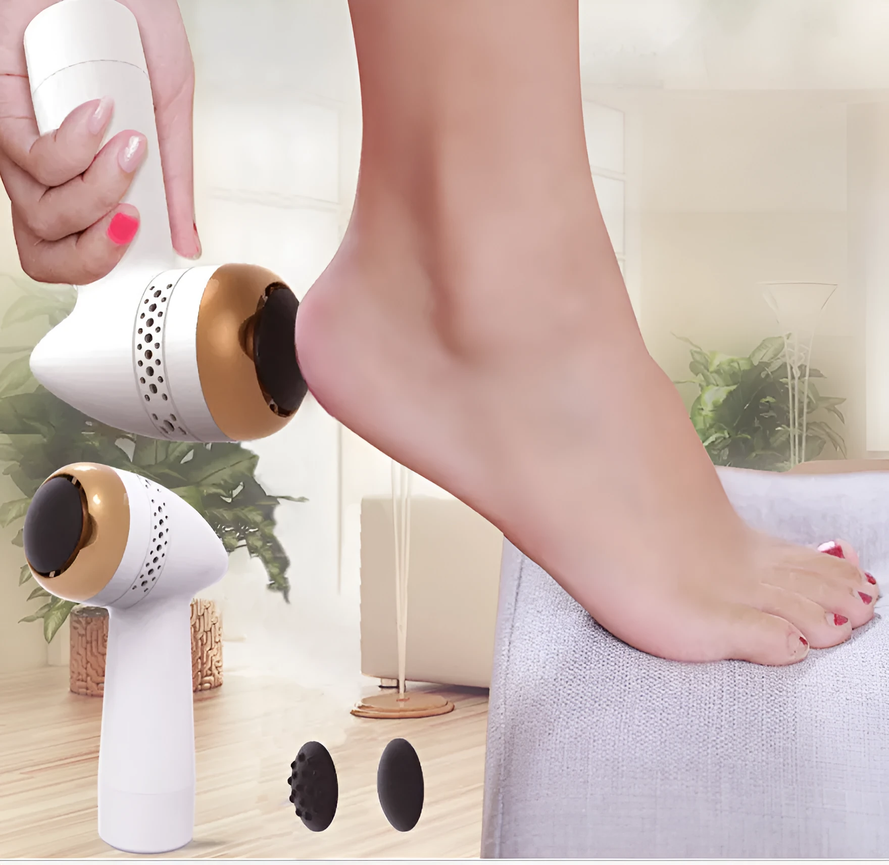 Electric foot grinder with a quartz grinding head in gold, silver, pink gold or white finish.