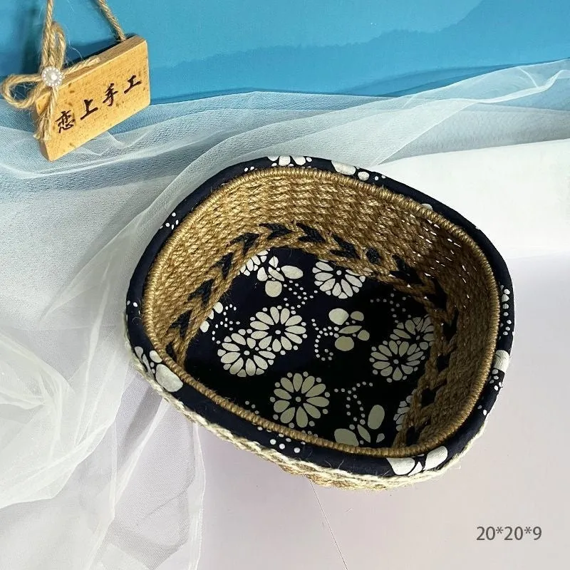 Blue square plastic storage basket with hand-woven twine pattern for desktop organisation