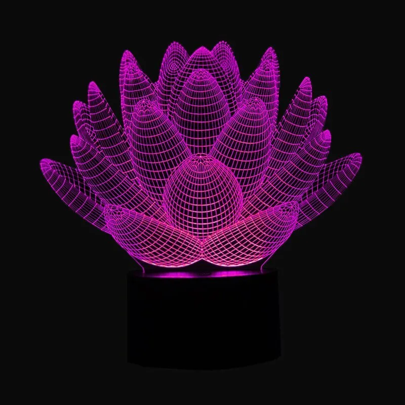 White lotus-shaped acrylic night light with LED base and touch controls on a wooden table.