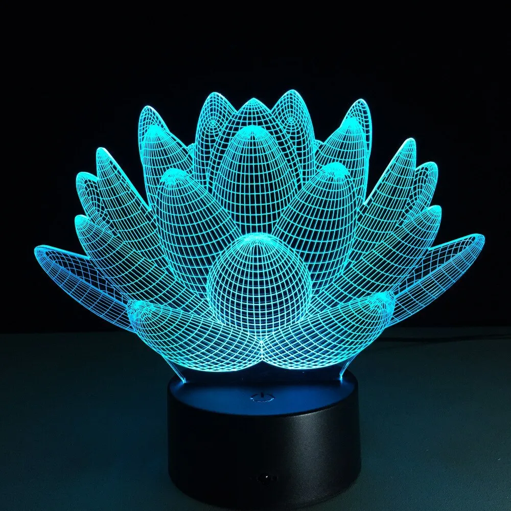 White lotus-shaped acrylic night light with LED base and touch controls on a wooden table.