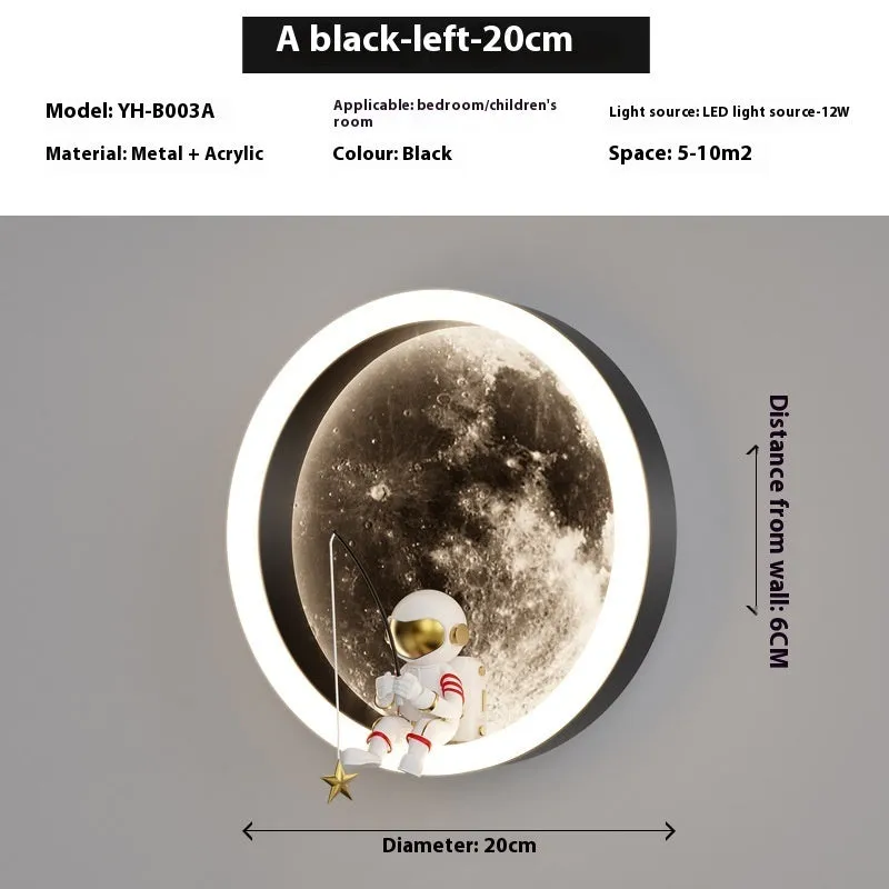 Modern minimalist moon wall lamp with acrylic shade, black finish, showing warm light, 220V