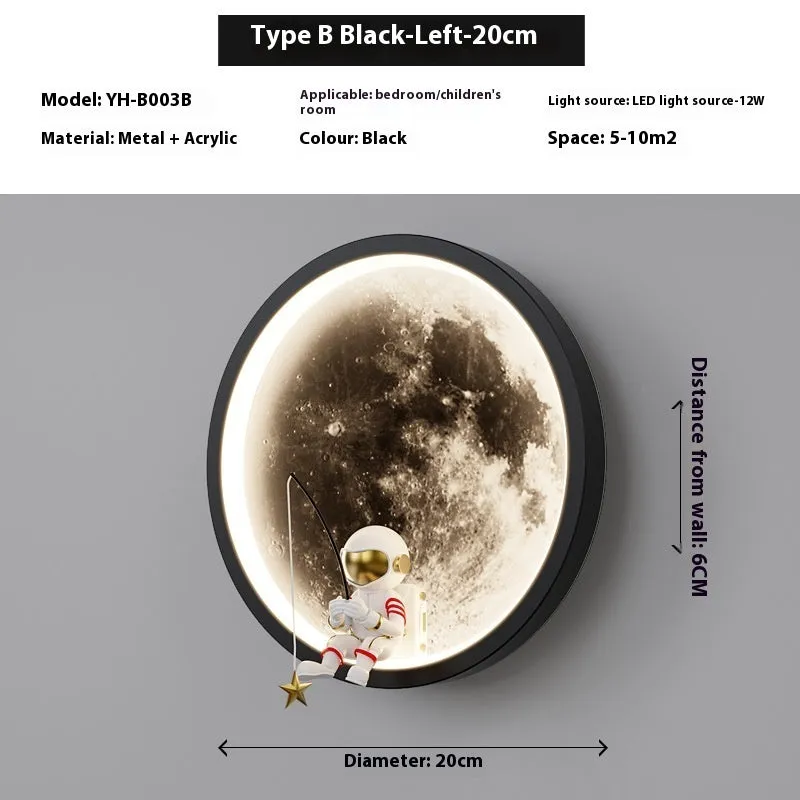 Modern minimalist moon wall lamp with acrylic shade, black finish, showing warm light, 220V