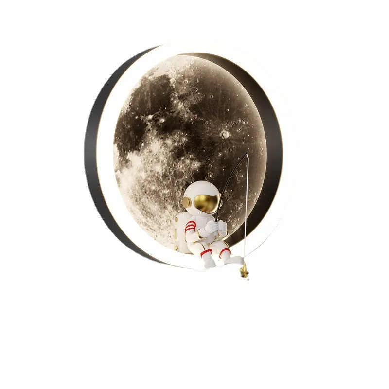 Modern minimalist moon wall lamp with acrylic shade, black finish, showing warm light, 220V