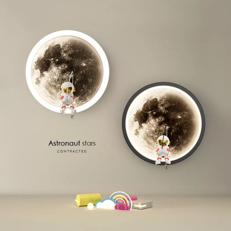 Modern minimalist moon wall lamp with acrylic shade, black finish, showing warm light, 220V