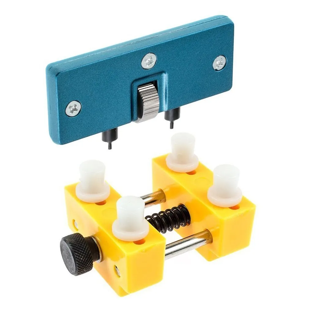 Yellow plastic watch fixing base and plastic case opener tool for watch repair.