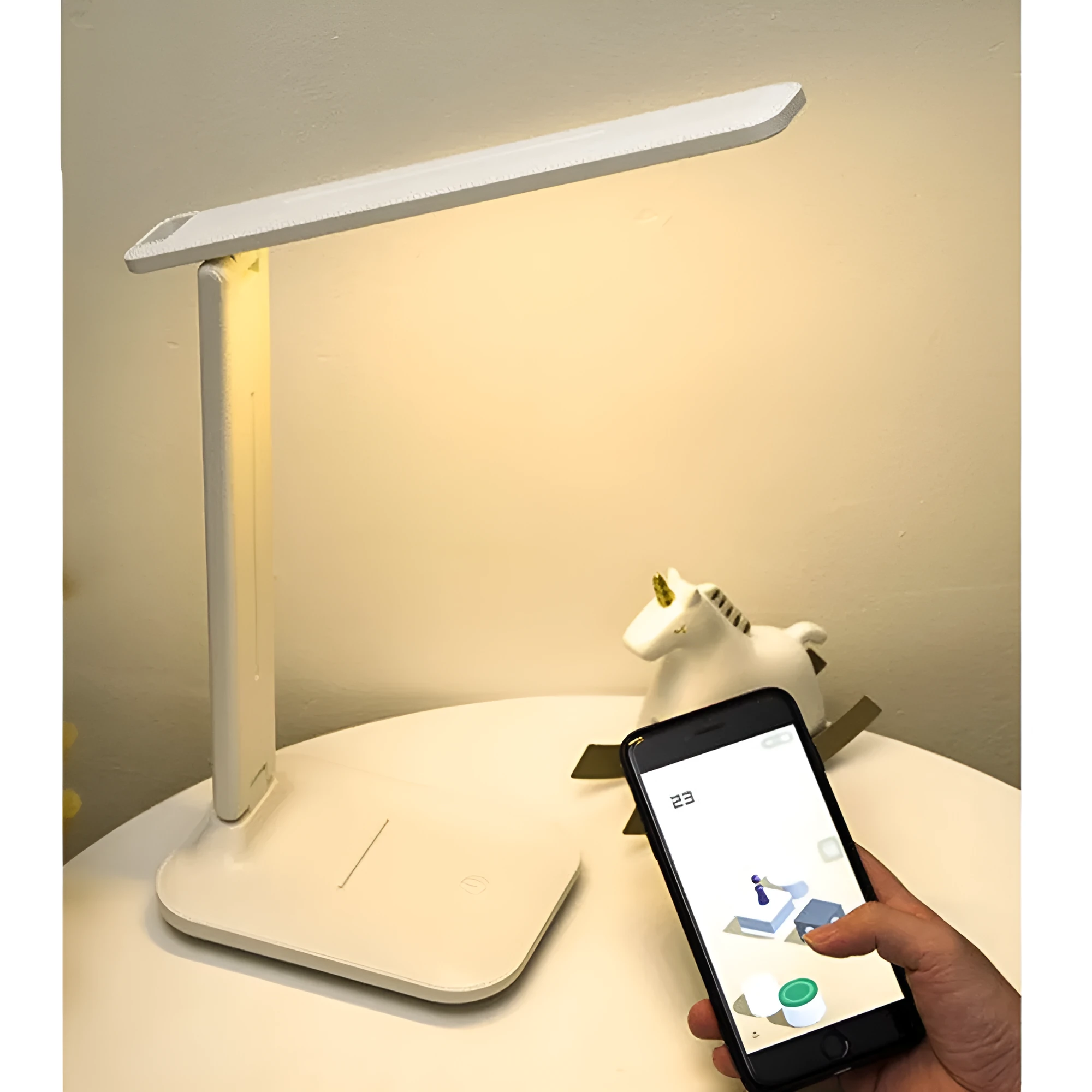 White plastic touch dimming bedside lamp with USB charging port.