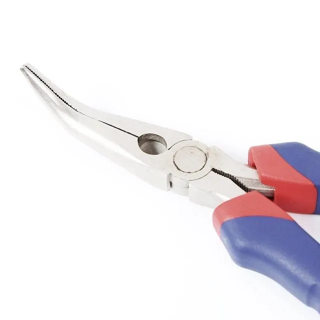 Blue curved nose pliers with double-colour sleeve handles for electrical and automotive work