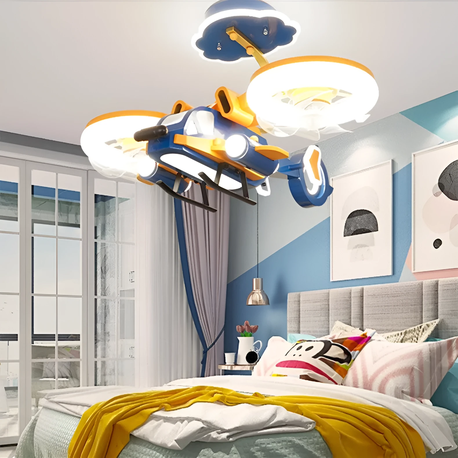 Yellow and blue ceiling fan light with acrylic shade and metal blades for bedroom installation