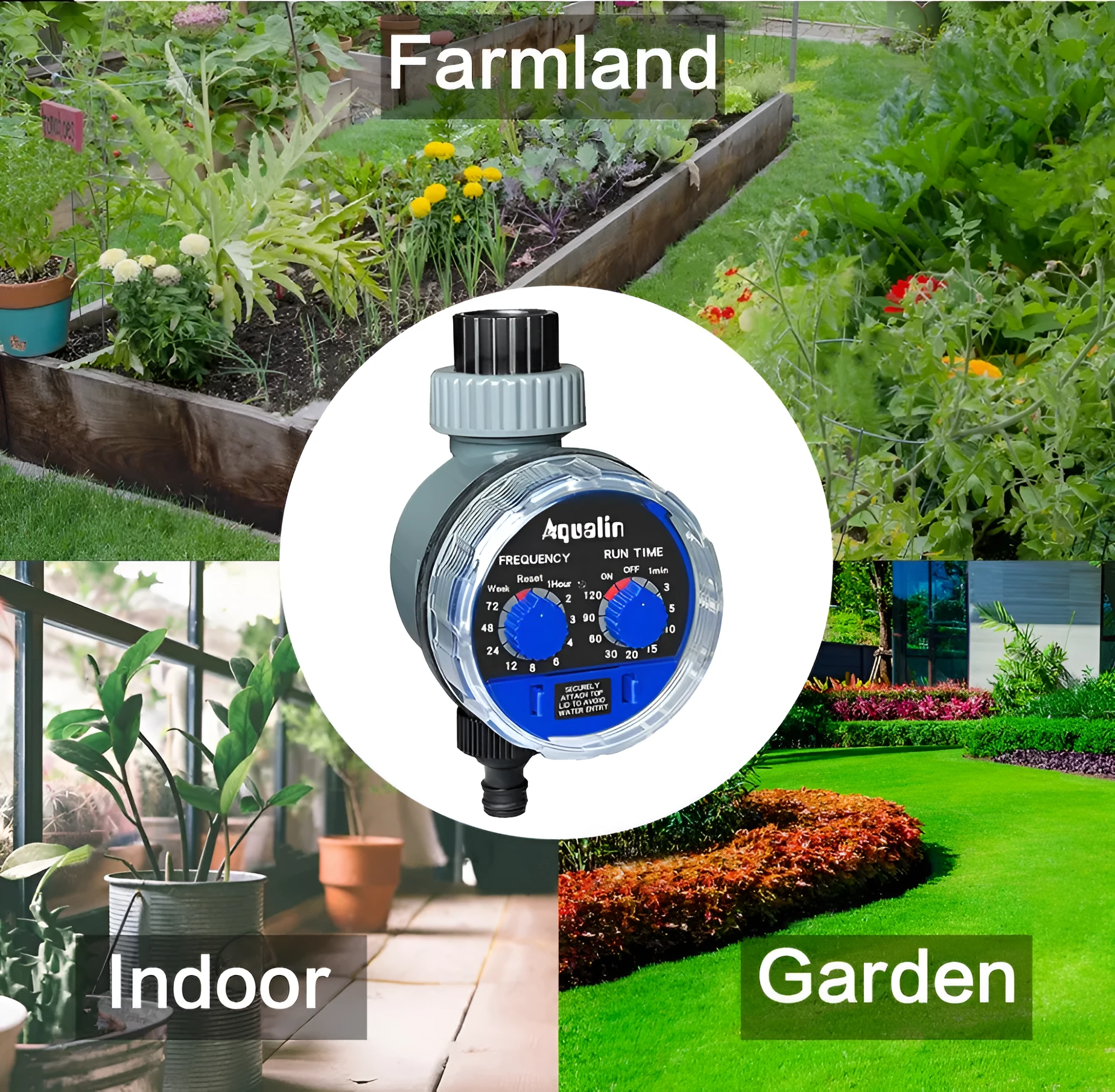 Automatic garden watering timer device showing programming interface and 3/4 inch hose connection