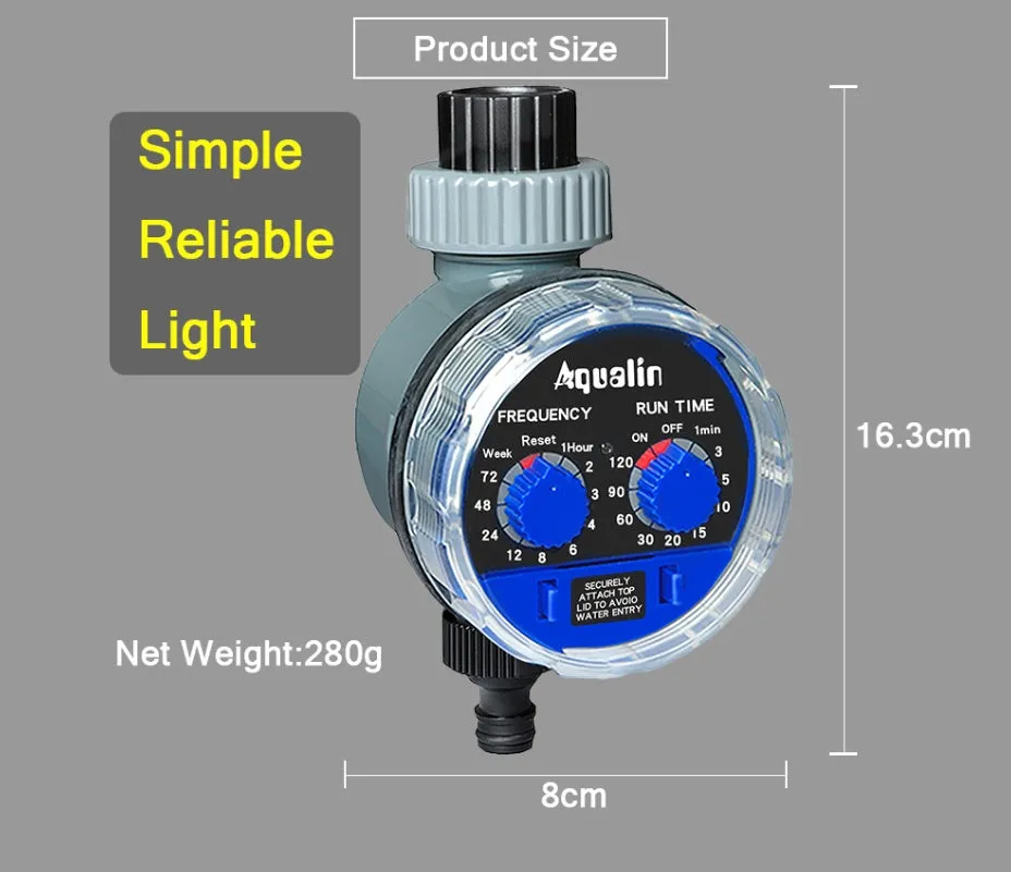 Automatic garden watering timer device showing programming interface and 3/4 inch hose connection