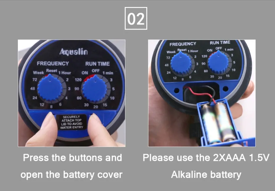 Automatic garden watering timer device showing programming interface and 3/4 inch hose connection