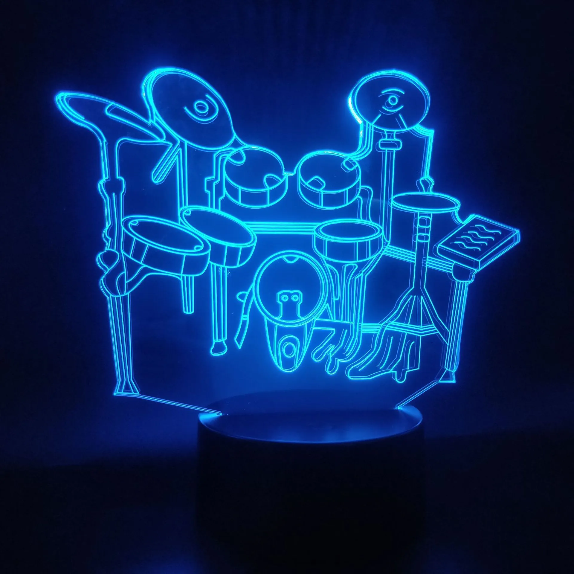 Drum kit 3D night light showing seven colour modes with acrylic panel and ABS base
