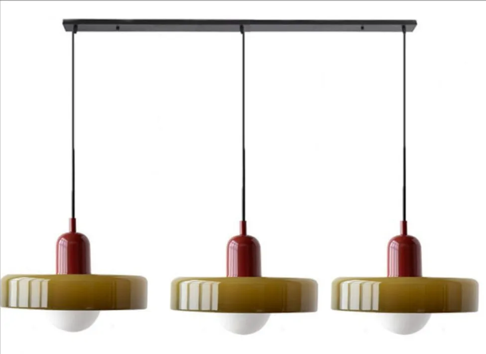 Retro three-head glass chandelier with iron frame in wine red or tea green colour