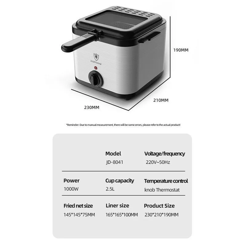 Silver electric air fryer with detachable basket showing stainless steel and plastic construction