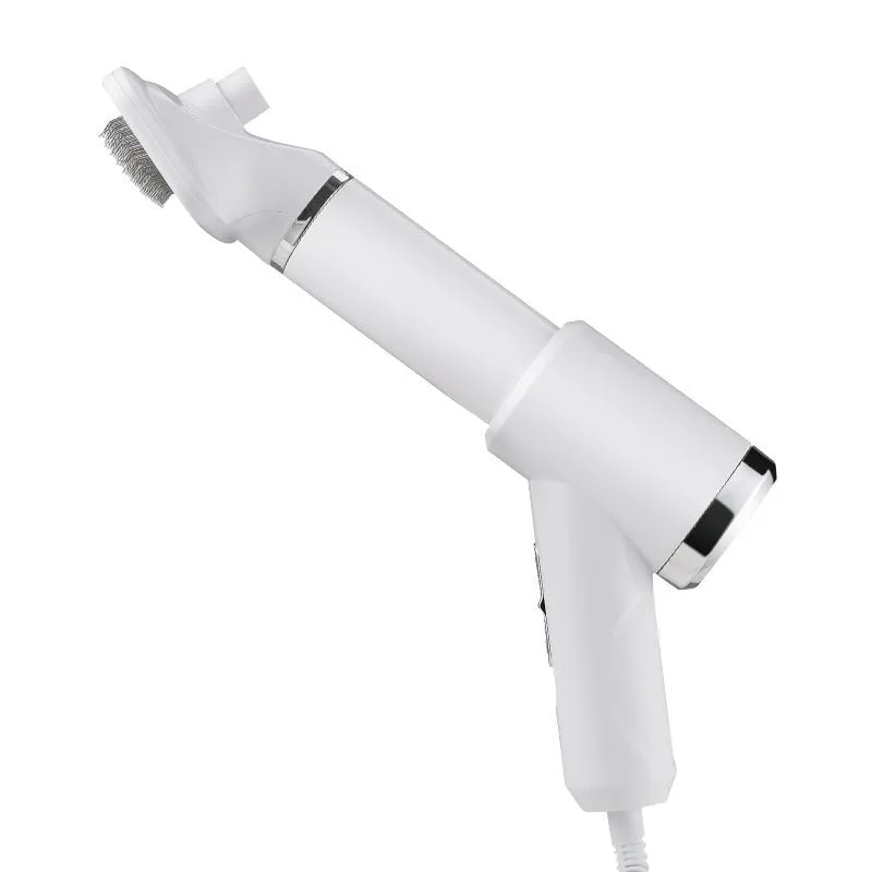 A beige pet hair dryer and a blue whirlpool comb for dog grooming and deshedding.