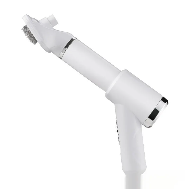 A beige pet hair dryer and a blue whirlpool comb for dog grooming and deshedding.